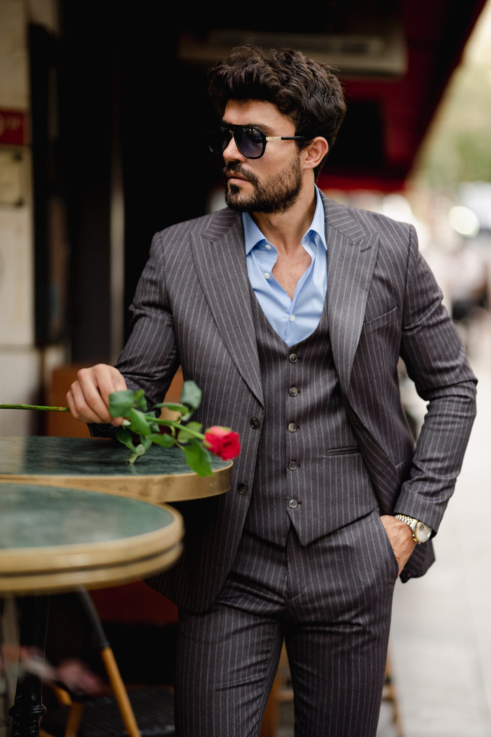 Grey Striped Slim-Fit Suit 3-Piece