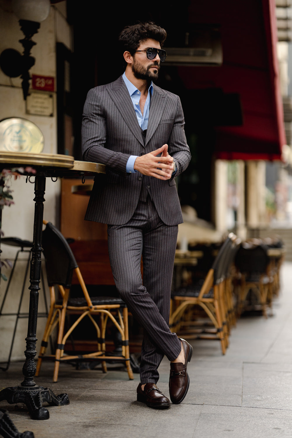 Grey Striped Slim-Fit Suit 3-Piece