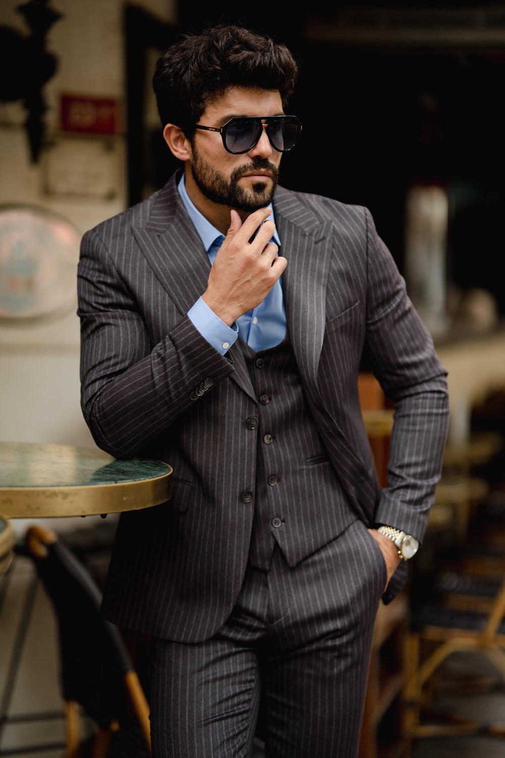 Grey Striped Slim-Fit Suit 3-Piece