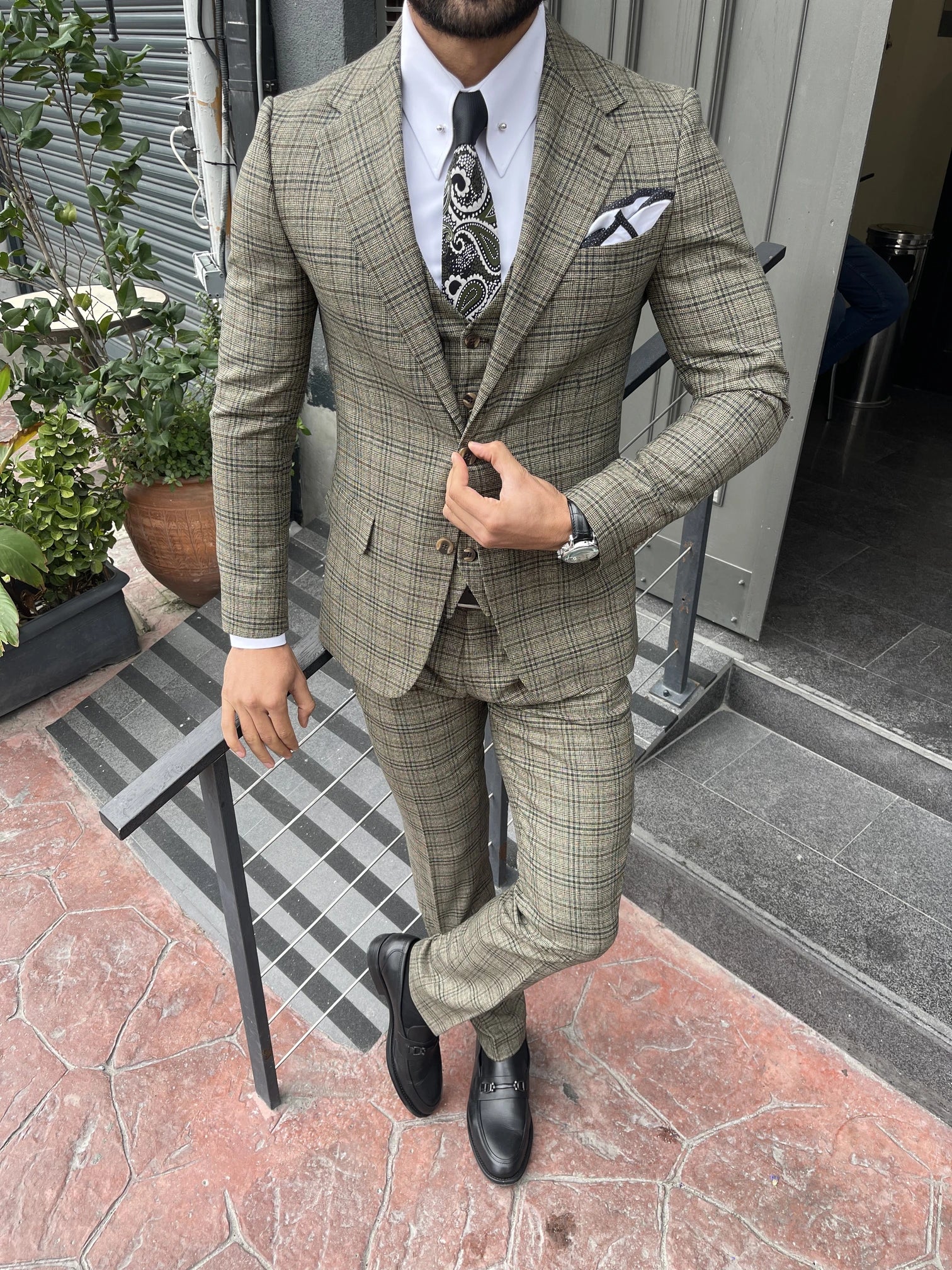 Green Plaid Slim-Fit Suit 3-Piece