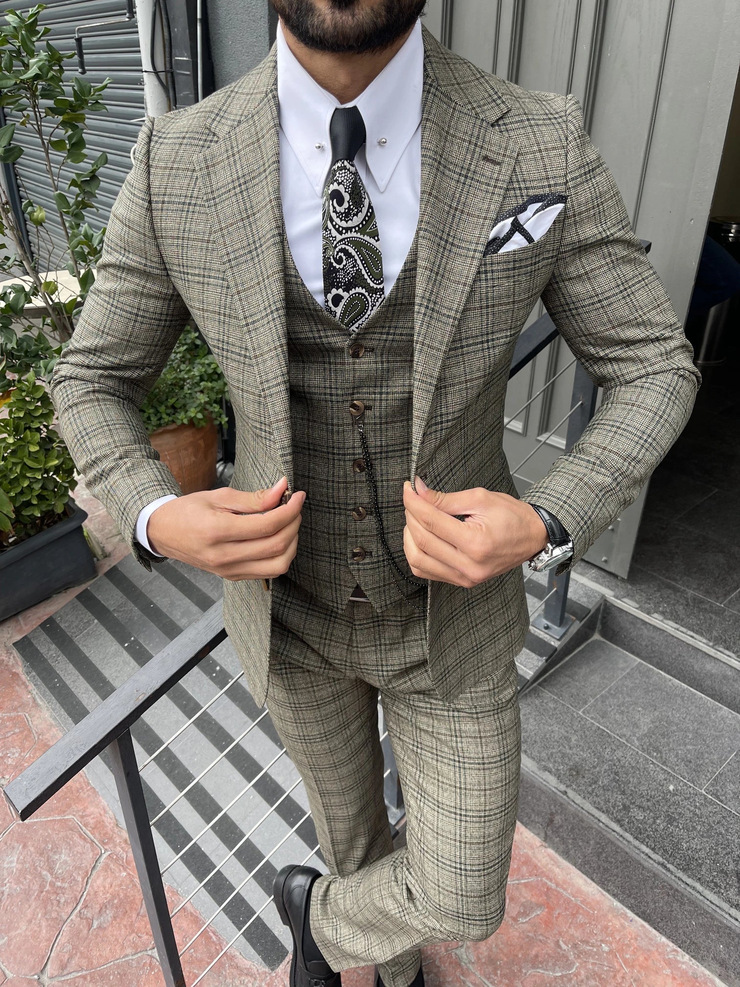 Green Plaid Slim-Fit Suit 3-Piece