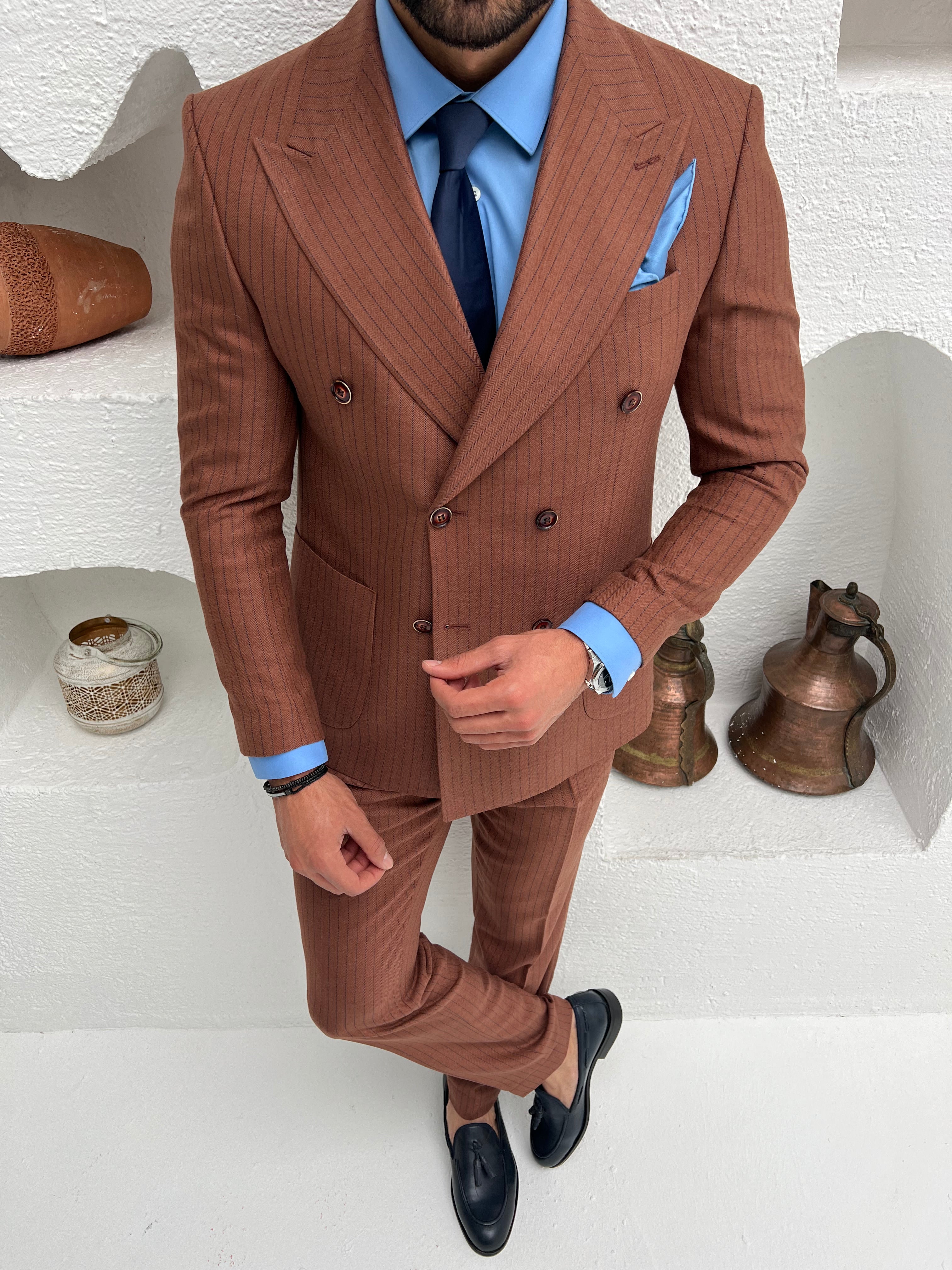 Brown Striped Double Breasted Suit 2-Piece