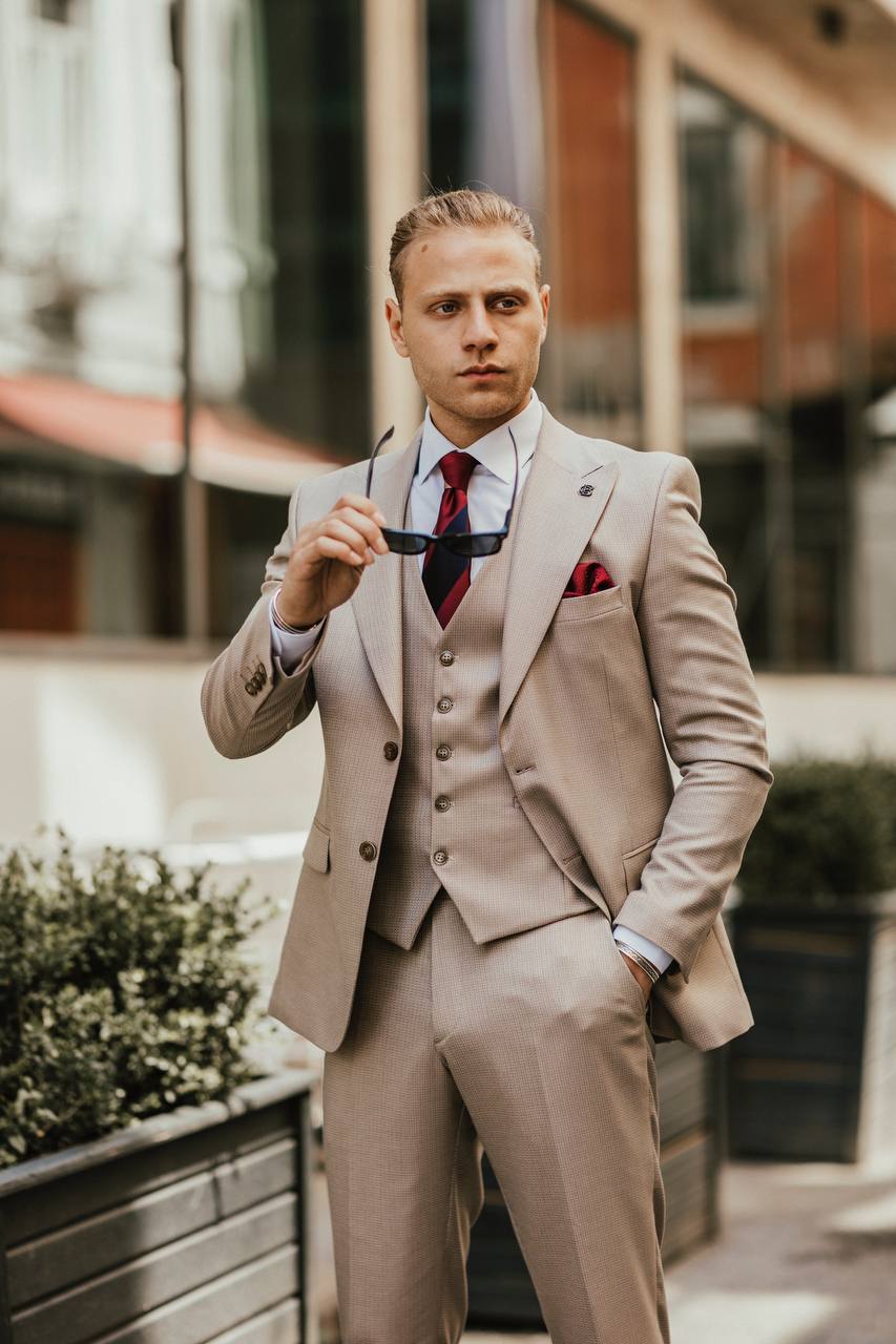 Beige Striped Slim-Fit Suit 3-Piece