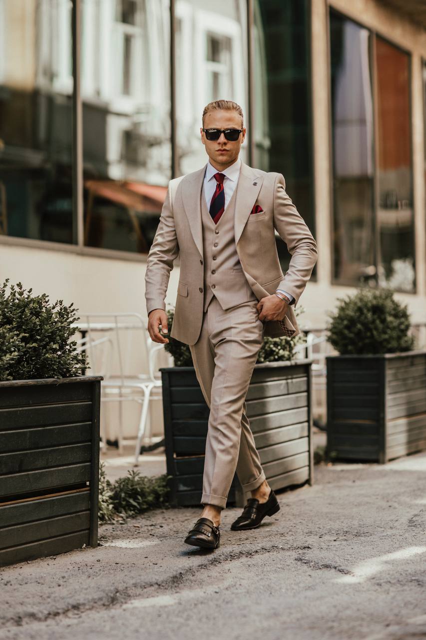 Beige Striped Slim-Fit Suit 3-Piece