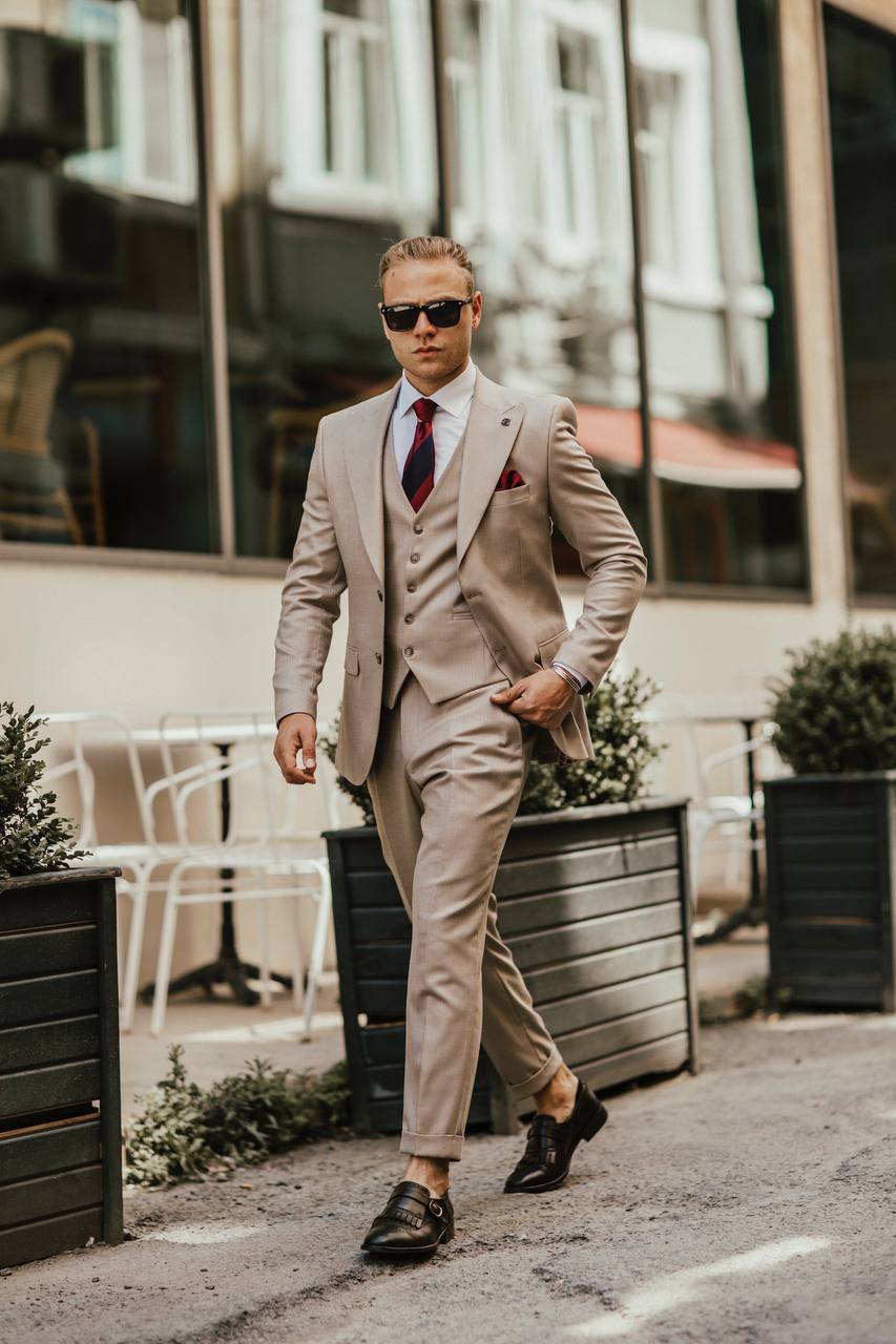 Beige Striped Slim-Fit Suit 3-Piece