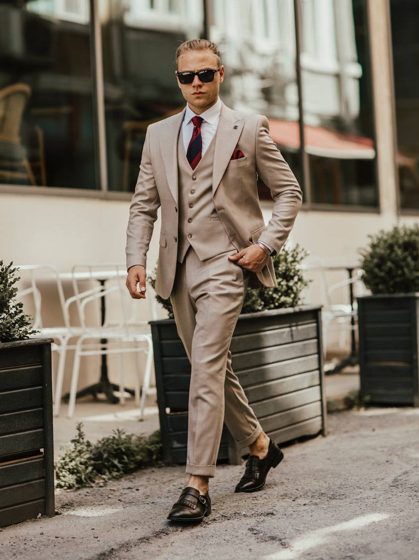 Beige Striped Slim-Fit Suit 3-Piece
