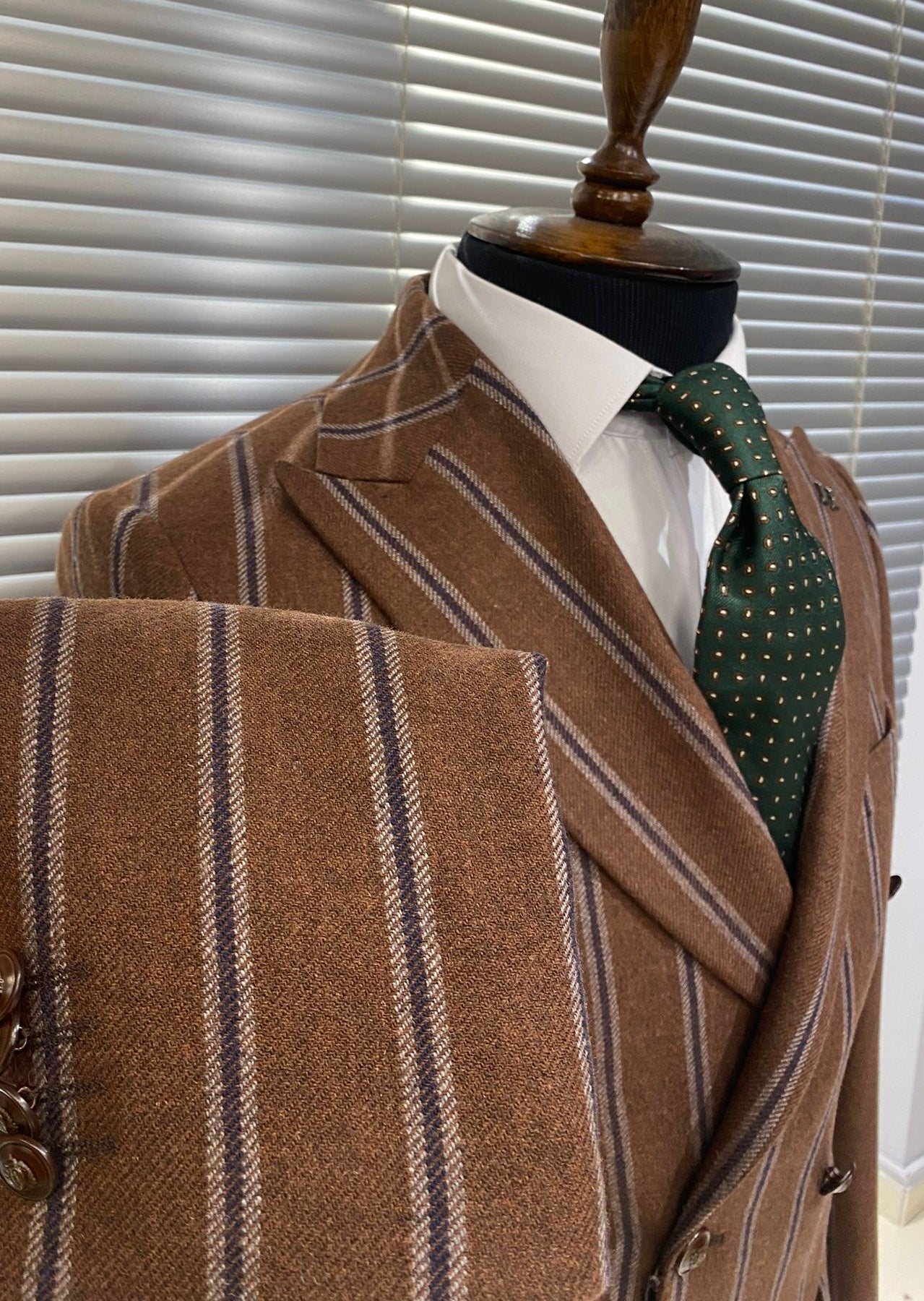 Brown Striped Woolen Double Breasted Blazer