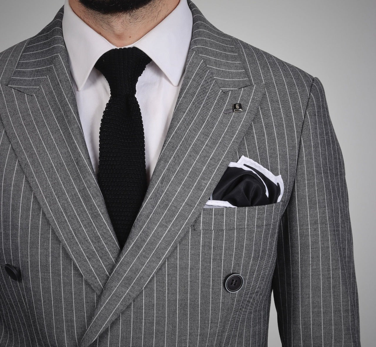 Grey Striped Double Breasted Suit 2-Piece