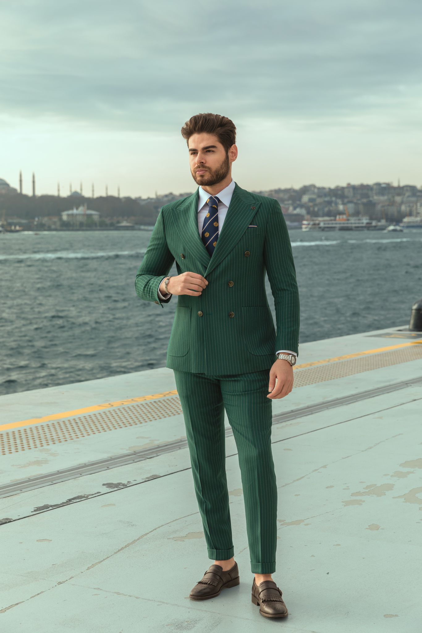 Green Striped Double Breasted Suit 2-Piece