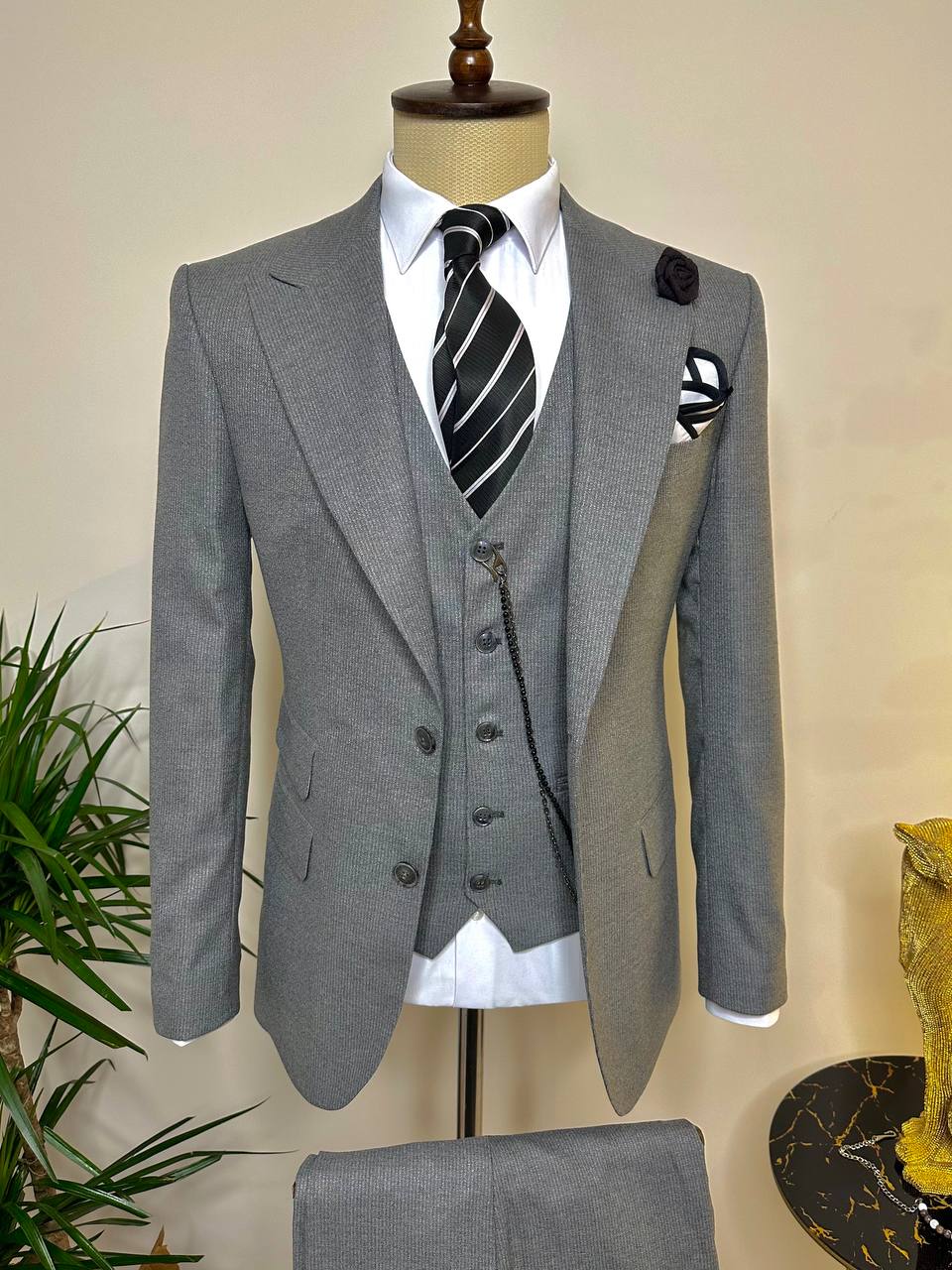 Grey Striped Slim-Fit Suit 3-Piece