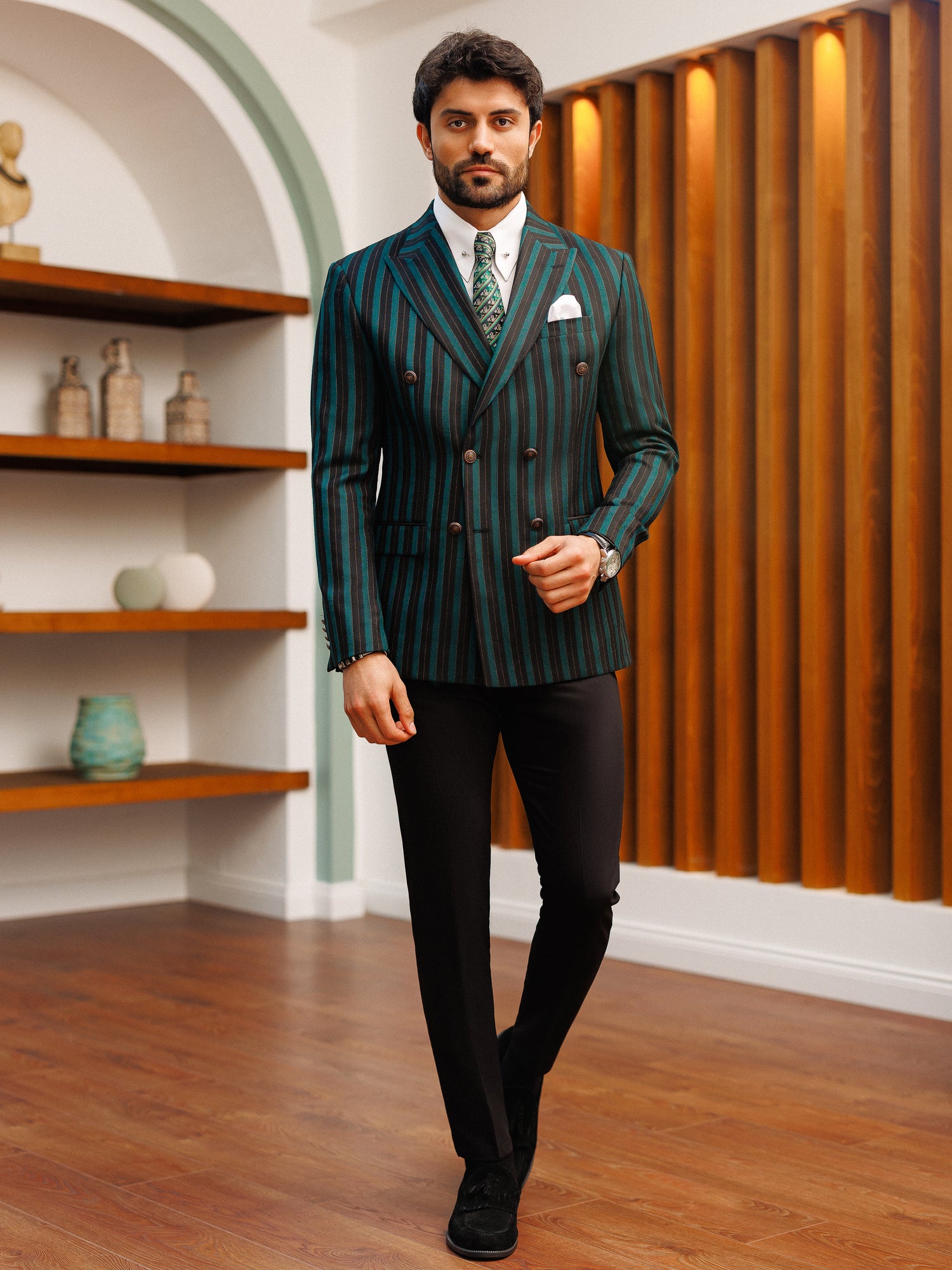 Green Striped Double Breasted Blazer