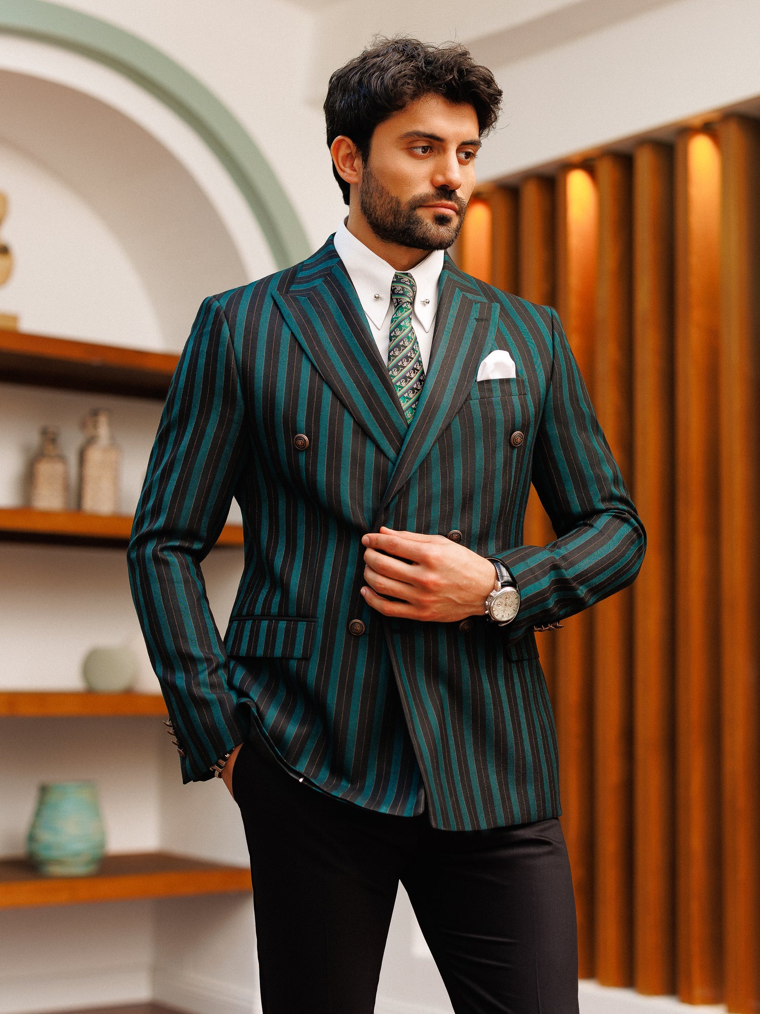 Green Striped Double Breasted Blazer