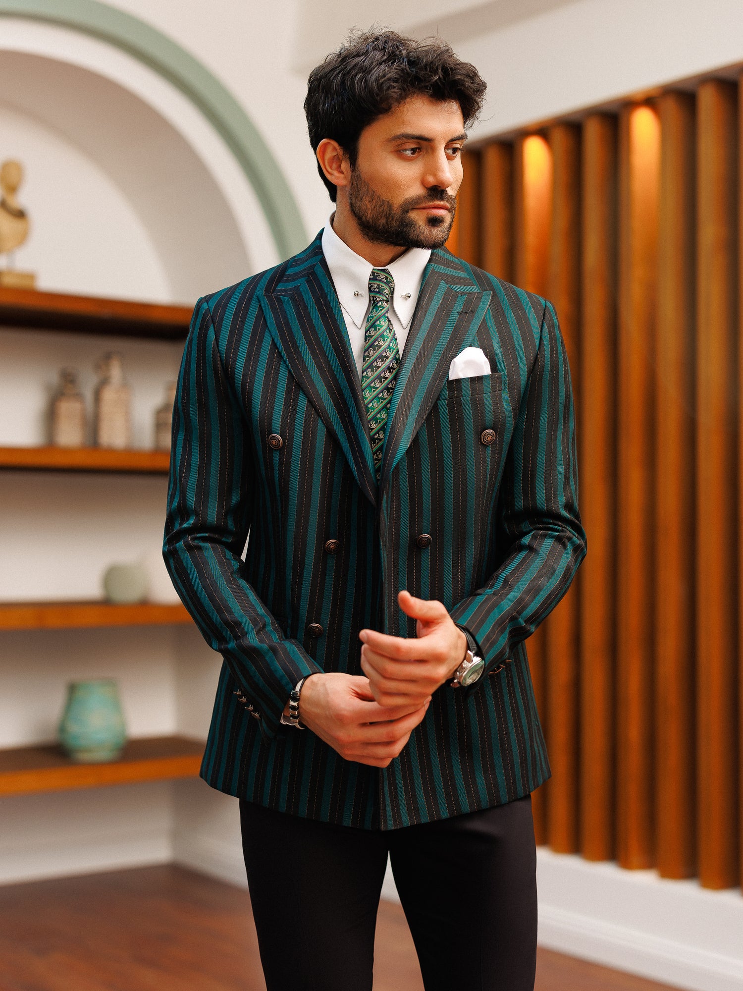 Green Striped Double Breasted Blazer