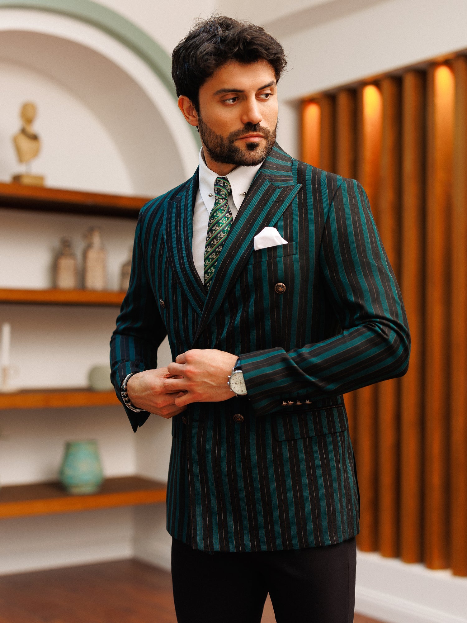 Green Striped Double Breasted Blazer