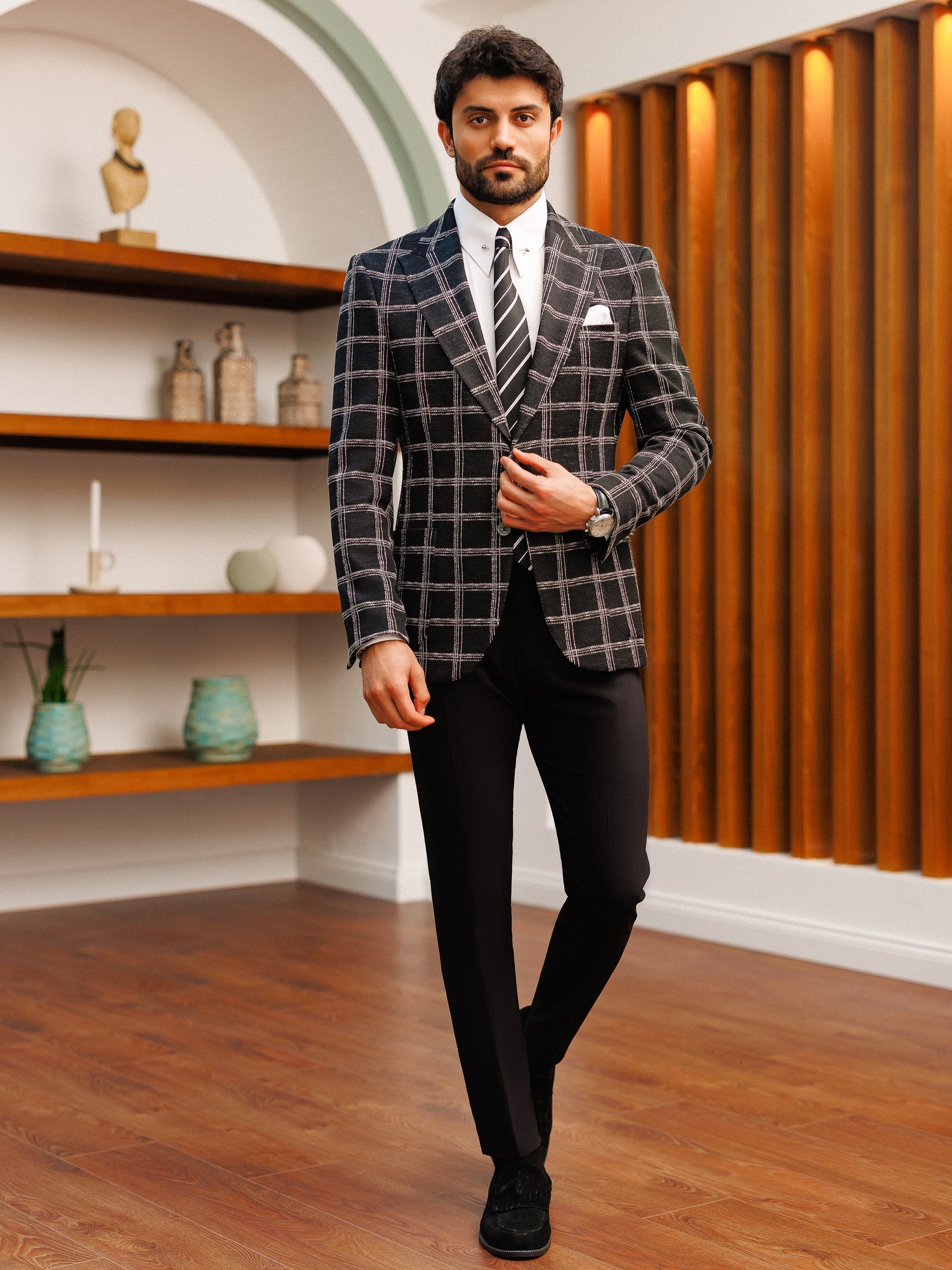 Black Plaid Single Breasted Blazer
