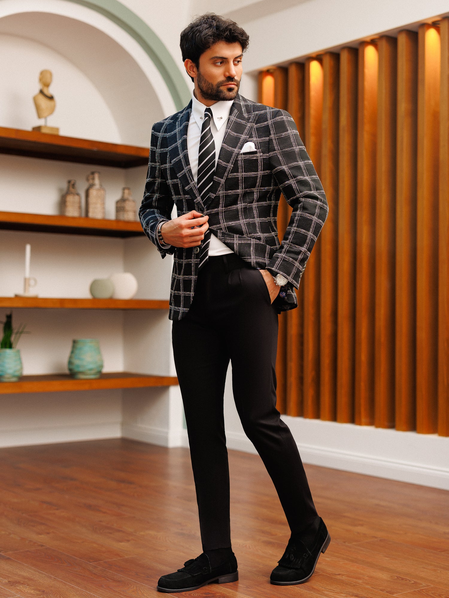 Black Plaid Single Breasted Blazer