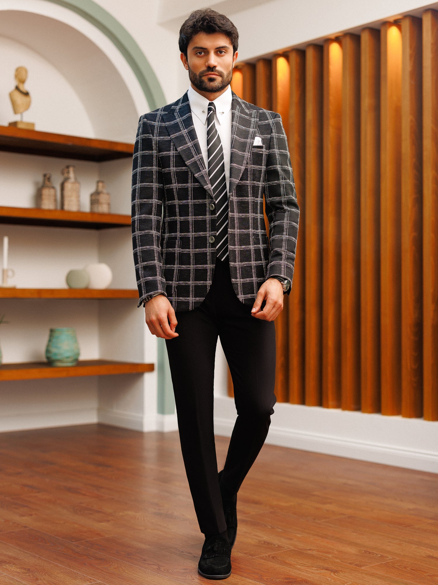 Black Plaid Single Breasted Blazer