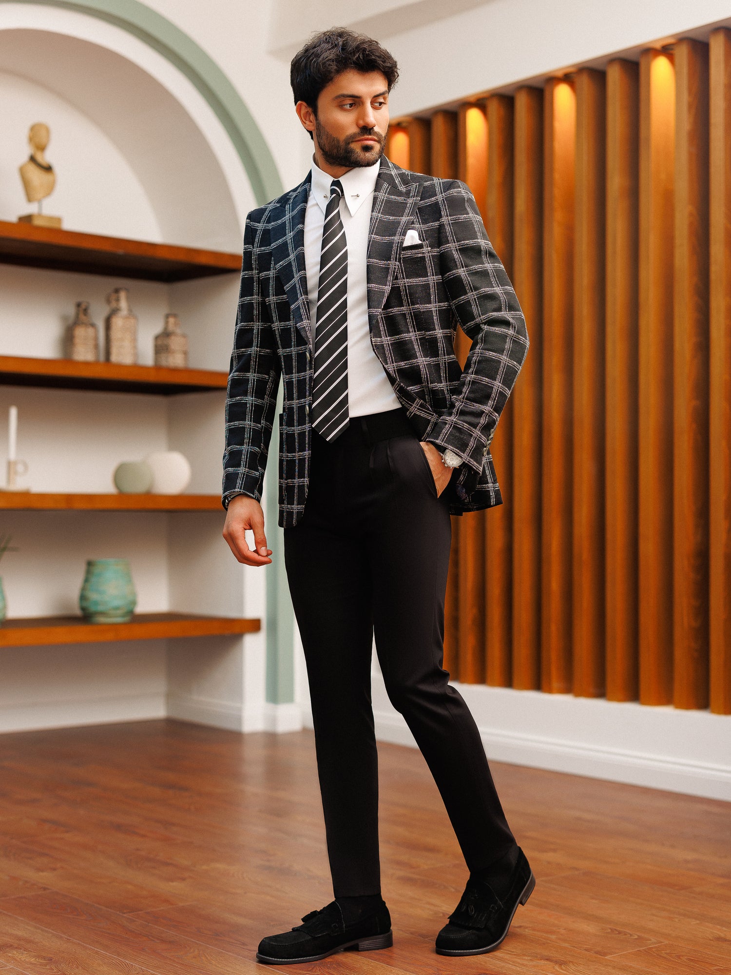 Black Plaid Single Breasted Blazer