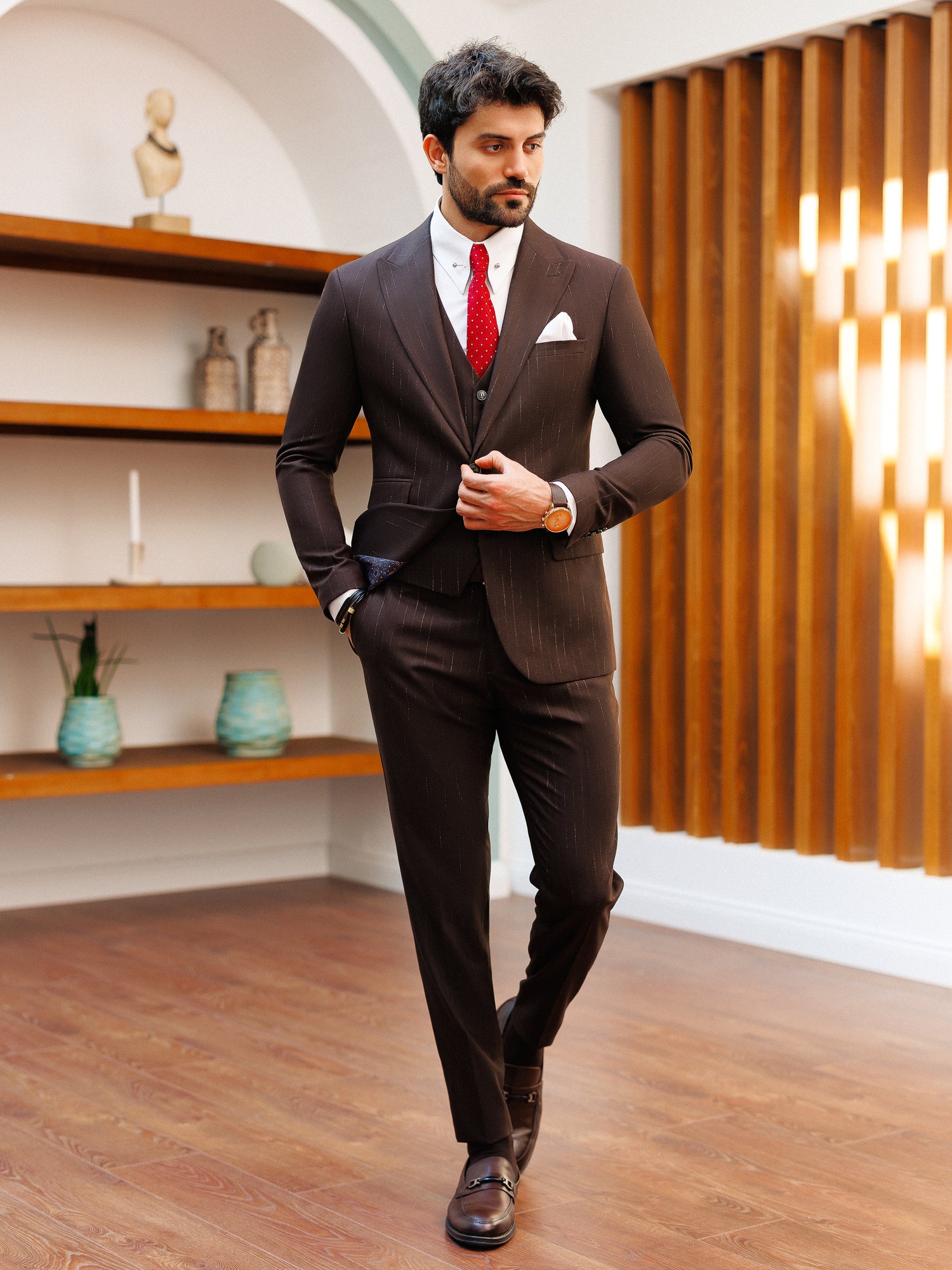Brown Striped Slim-Fit Suit 3-Piece
