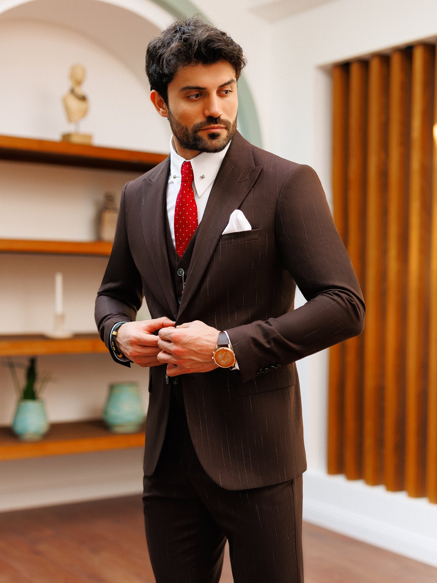 Brown Striped Slim-Fit Suit 3-Piece