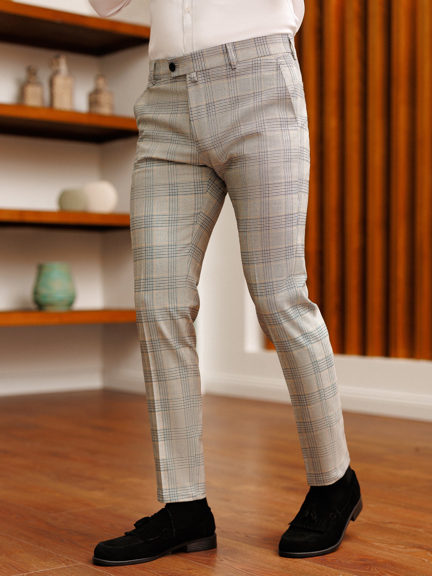 Grey Plaid Slim-Fit Pants