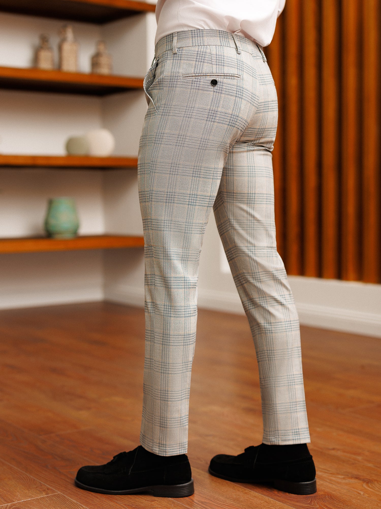 Grey Plaid Slim-Fit Pants