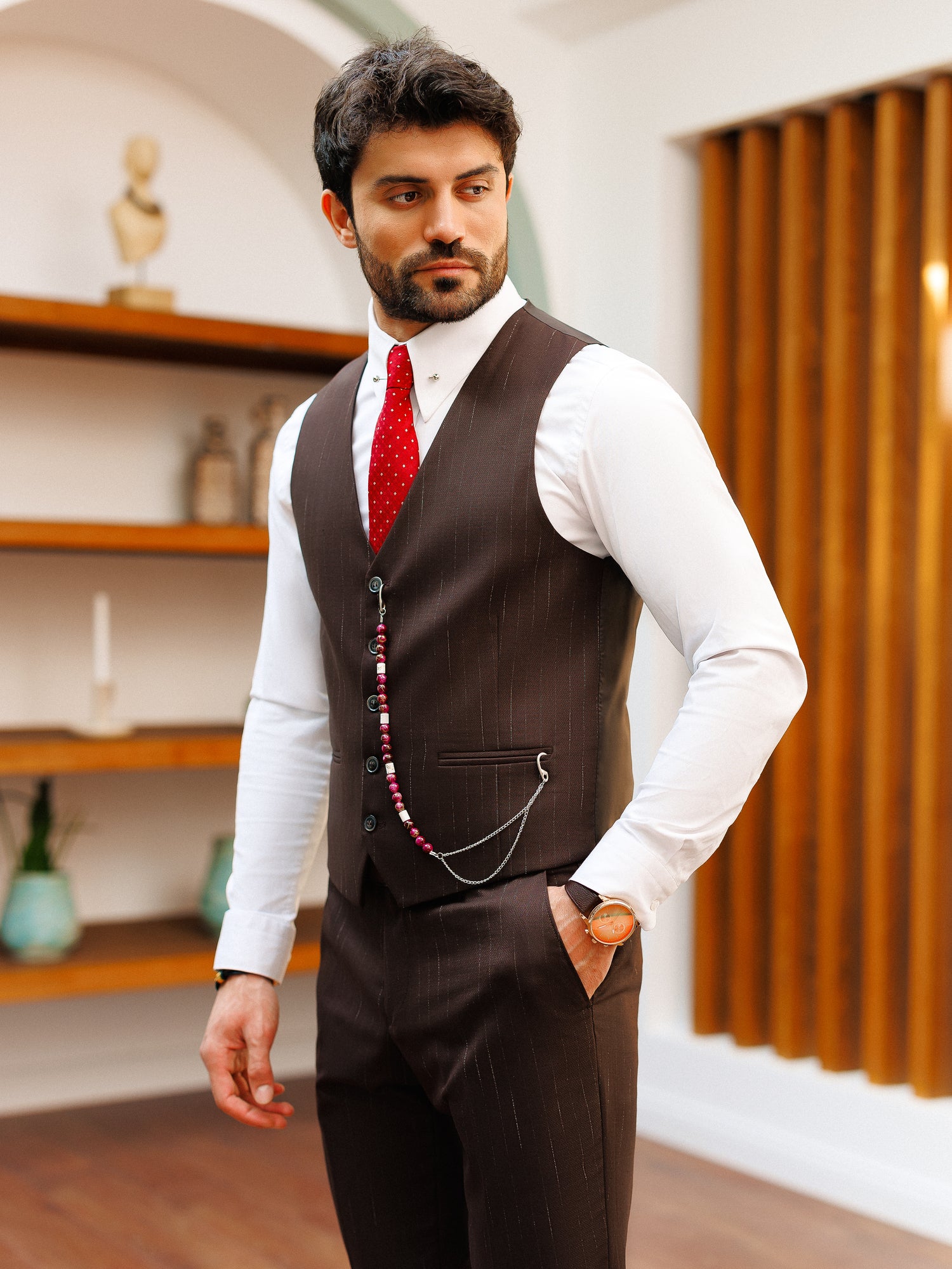 Brown Striped Slim-Fit Suit 3-Piece