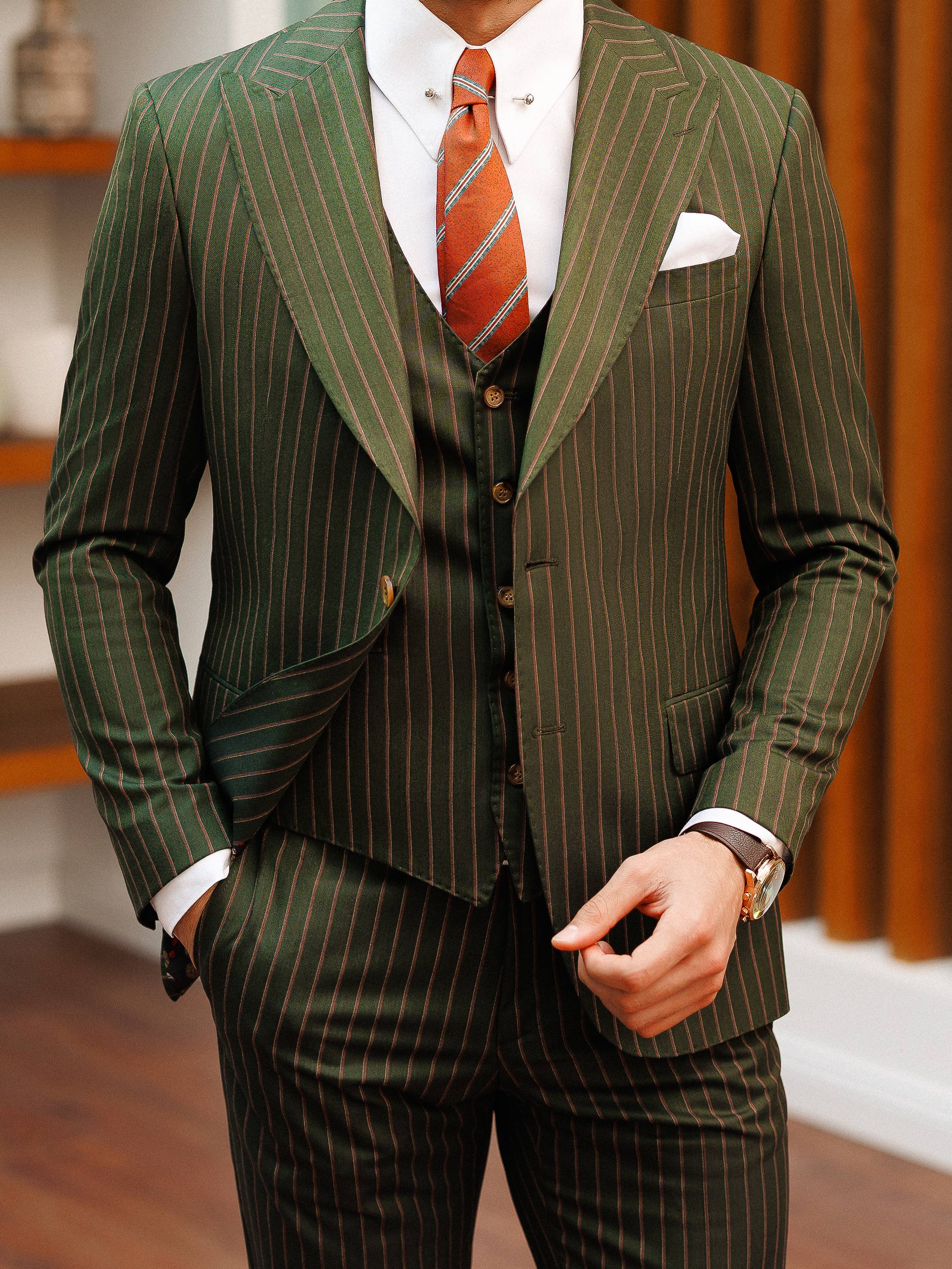 Khaki Striped Slim-Fit Suit 3-Piece