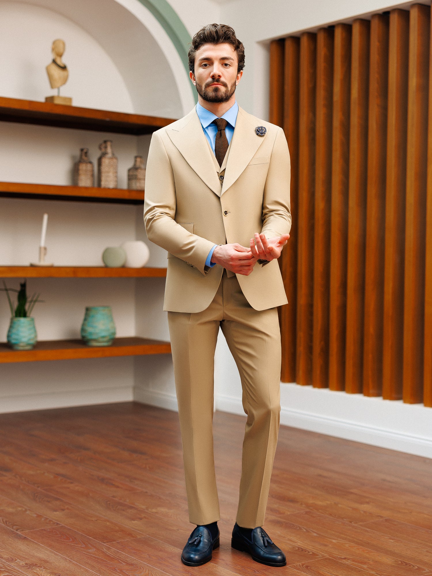 Beige Slim-Fit Suit 3-Piece
