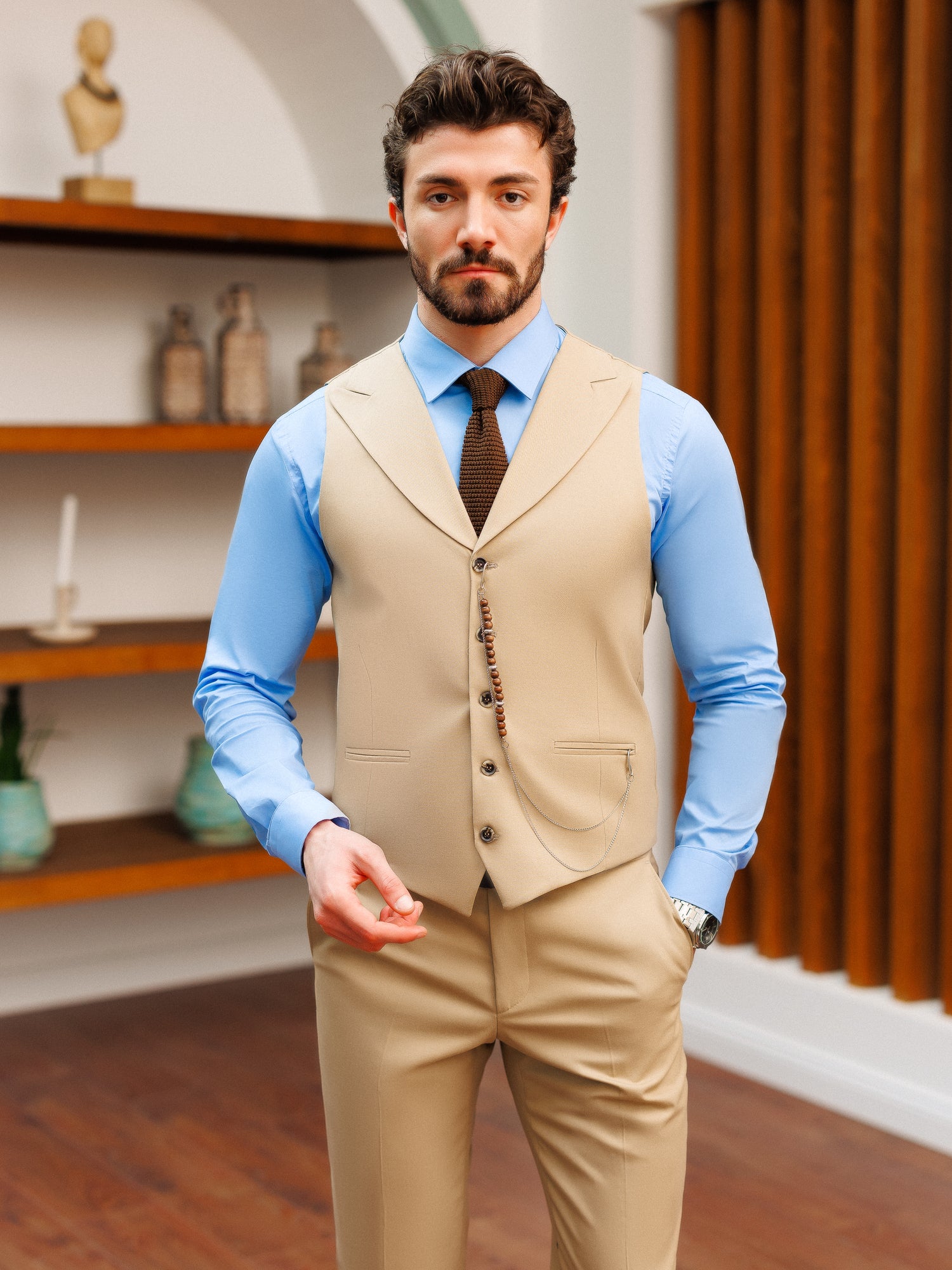 Beige Slim-Fit Suit 3-Piece
