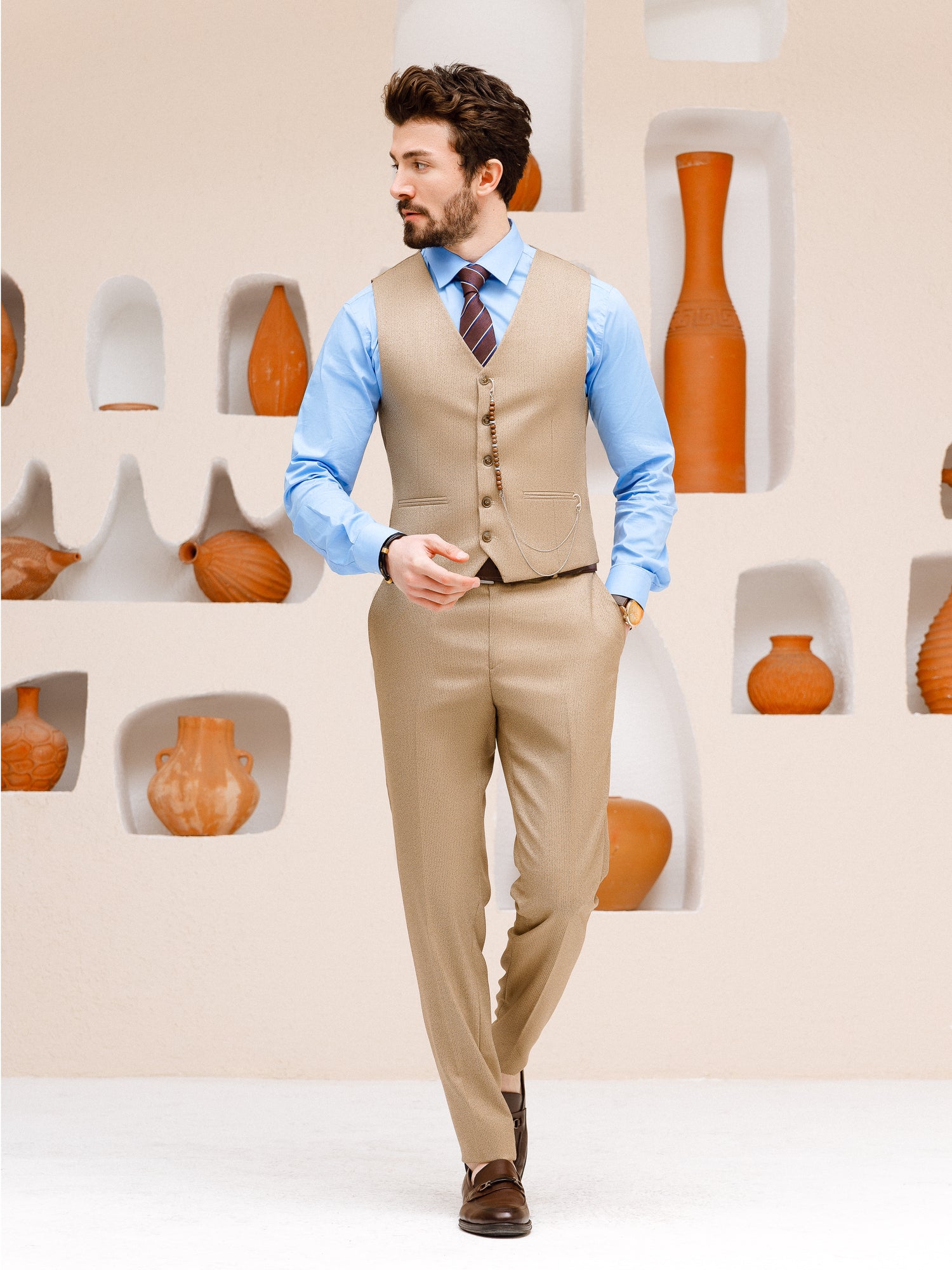Beige Striped Slim-Fit Suit 3-Piece