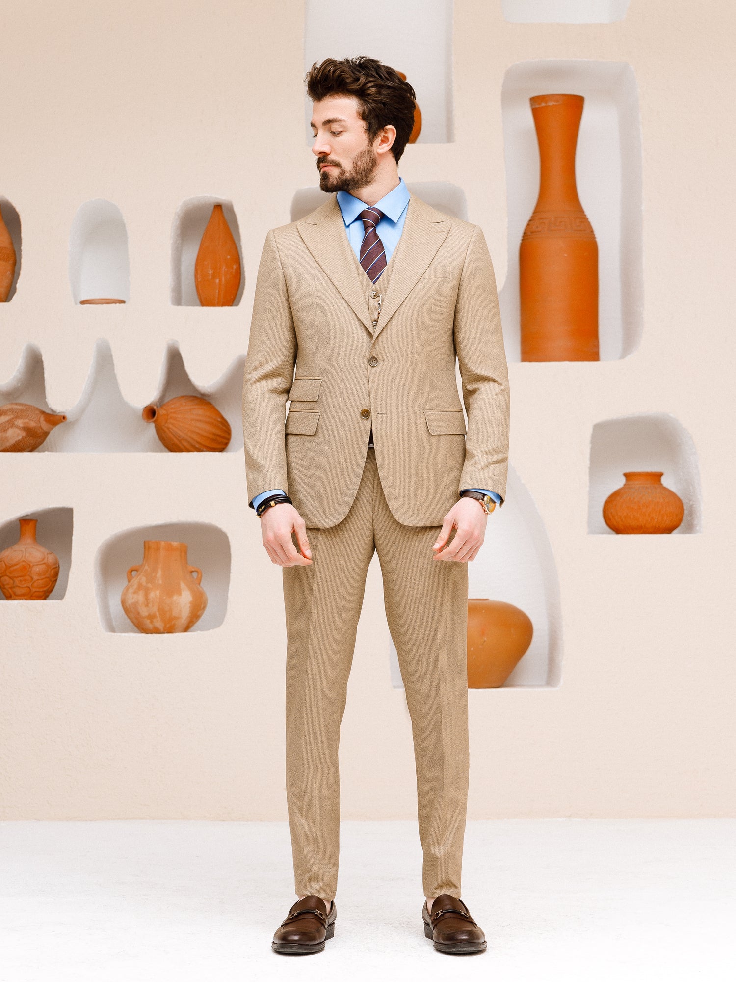 Beige Striped Slim-Fit Suit 3-Piece
