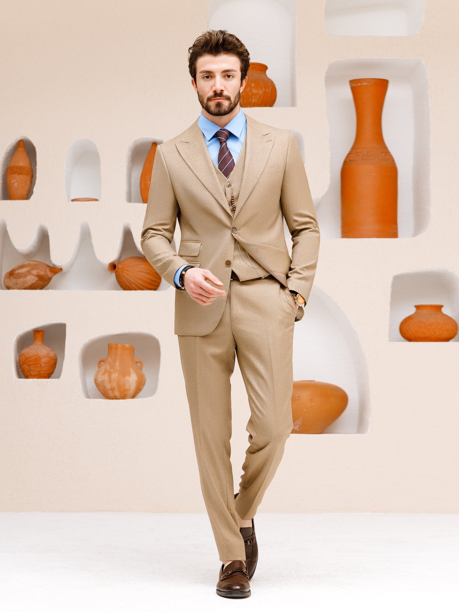 Beige Striped Slim-Fit Suit 3-Piece
