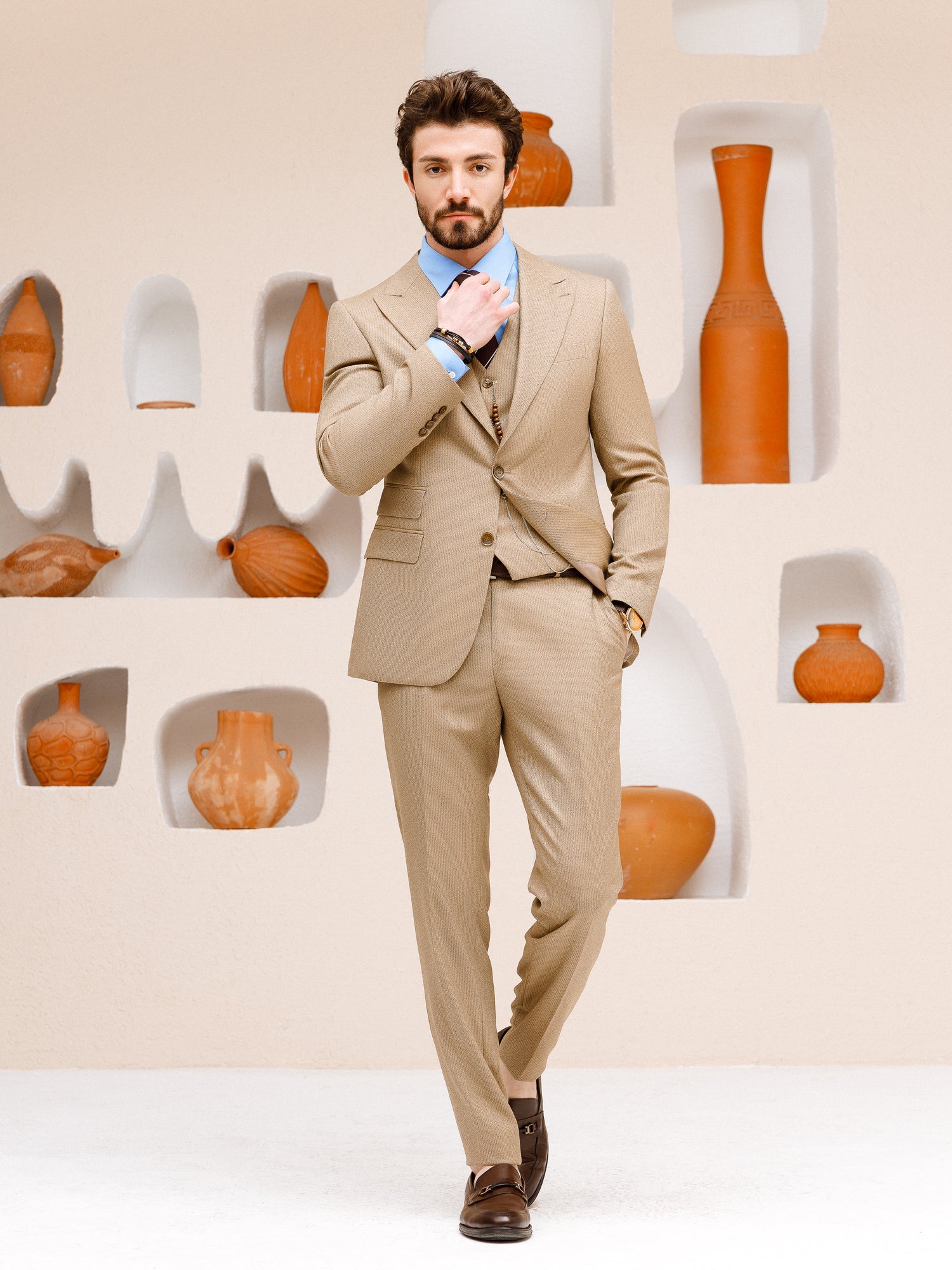 Beige Striped Slim-Fit Suit 3-Piece