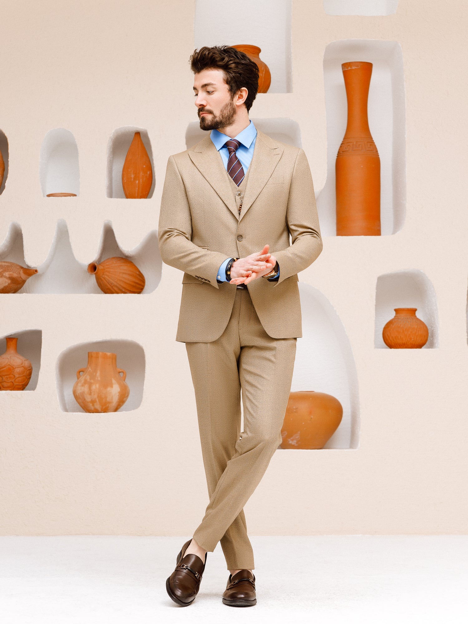 Beige Striped Slim-Fit Suit 3-Piece