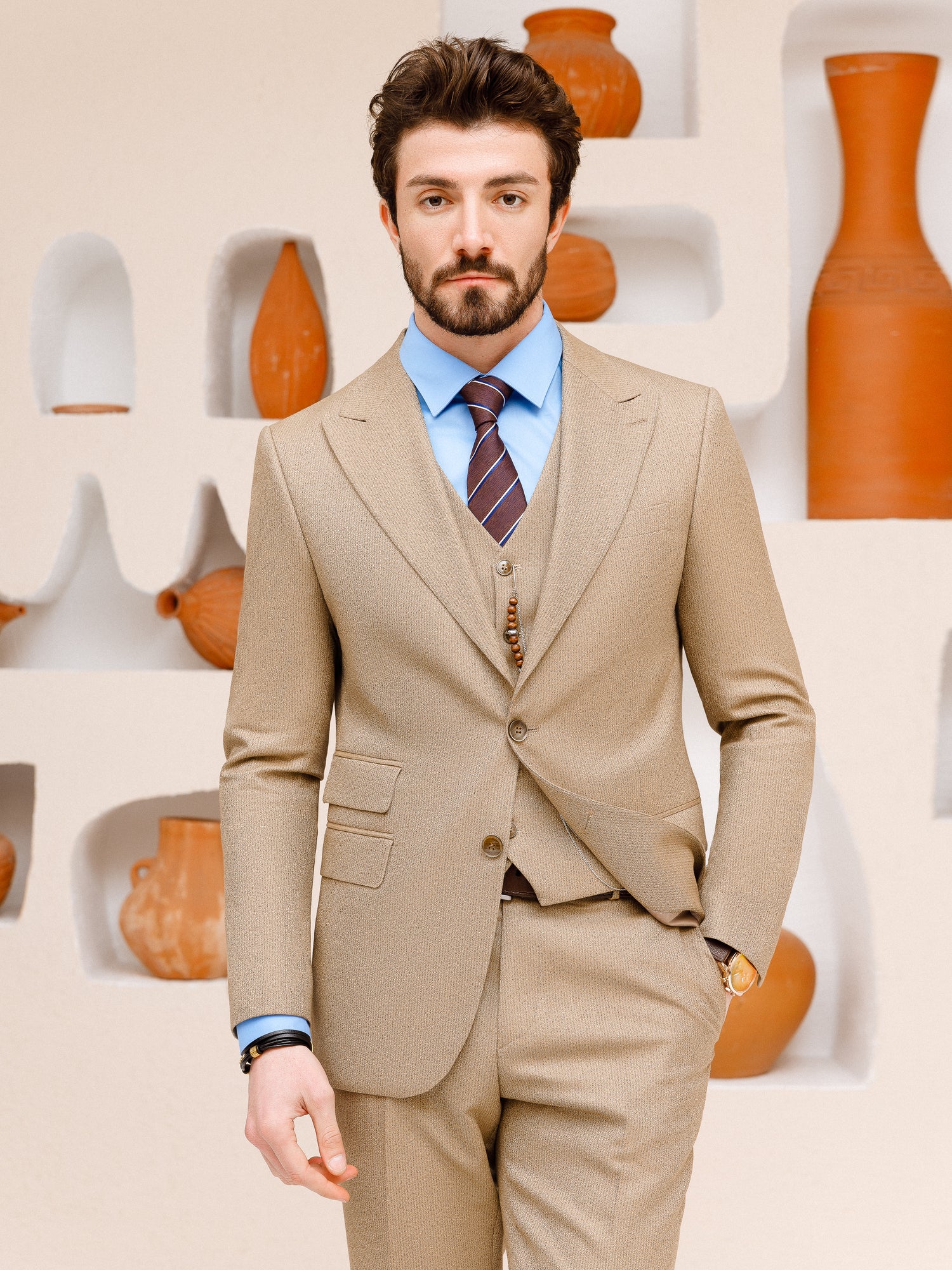 Beige Striped Slim-Fit Suit 3-Piece