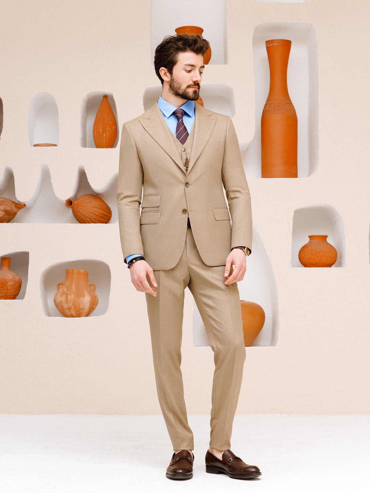 Beige Striped Slim-Fit Suit 3-Piece