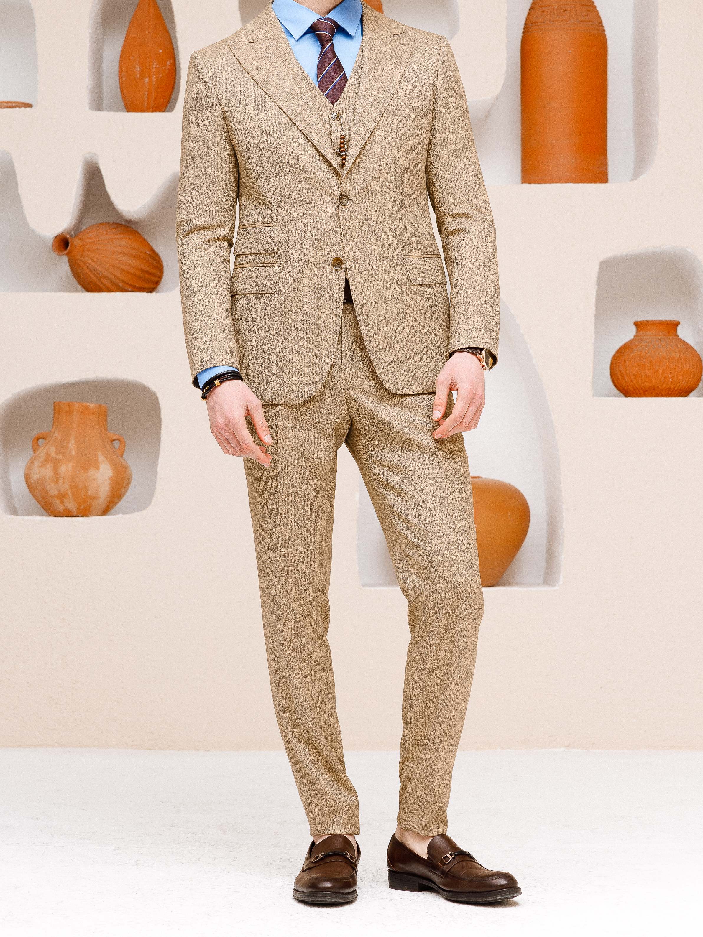 Beige Striped Slim-Fit Suit 3-Piece