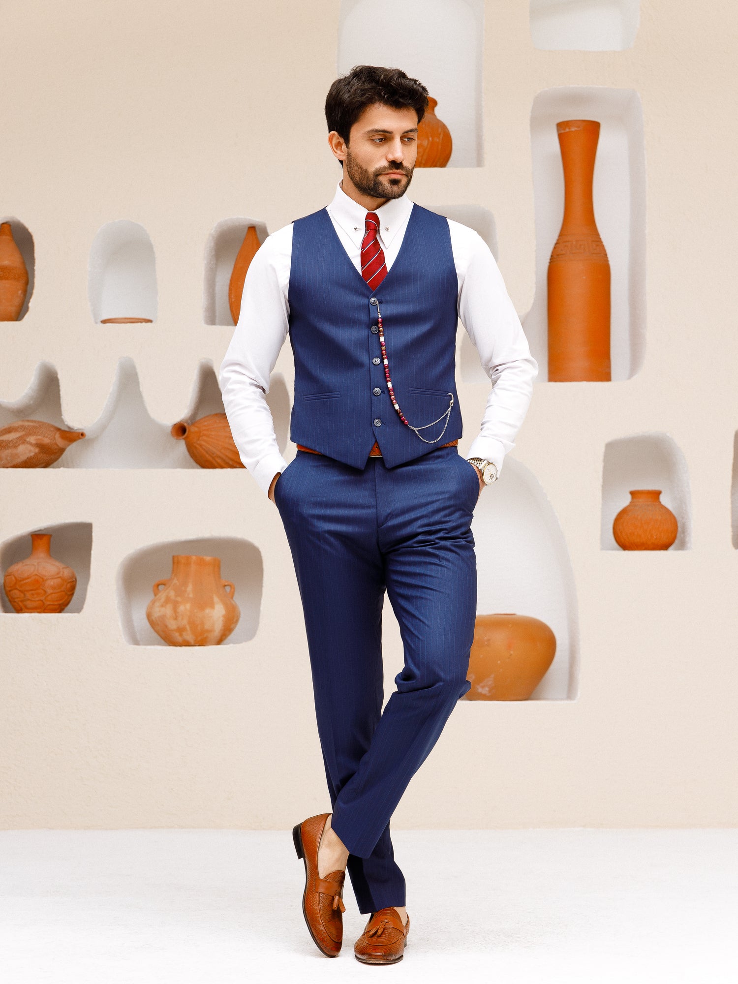 Navy Striped Slim-Fit Suit 3-Piece
