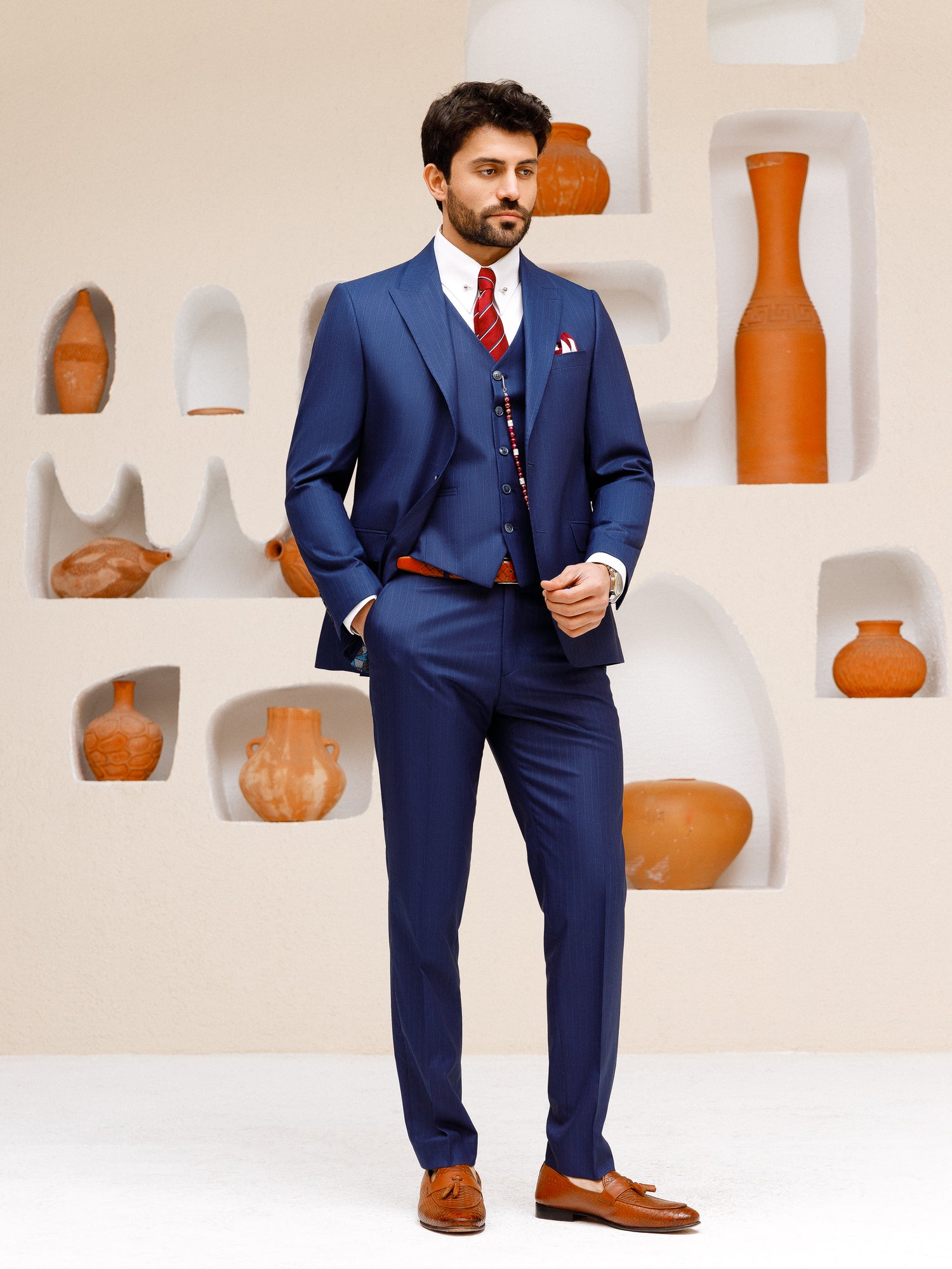Navy Striped Slim-Fit Suit 3-Piece
