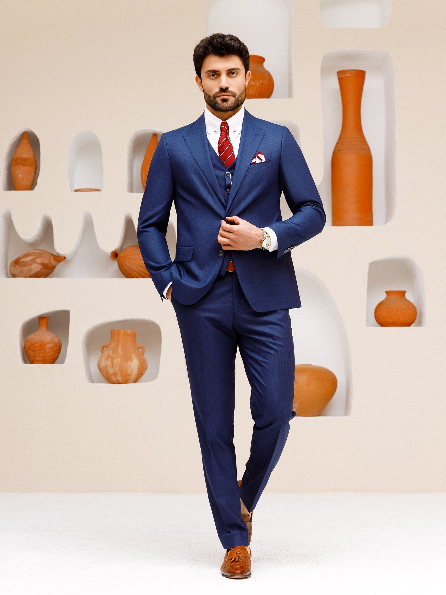Navy Striped Slim-Fit Suit 3-Piece
