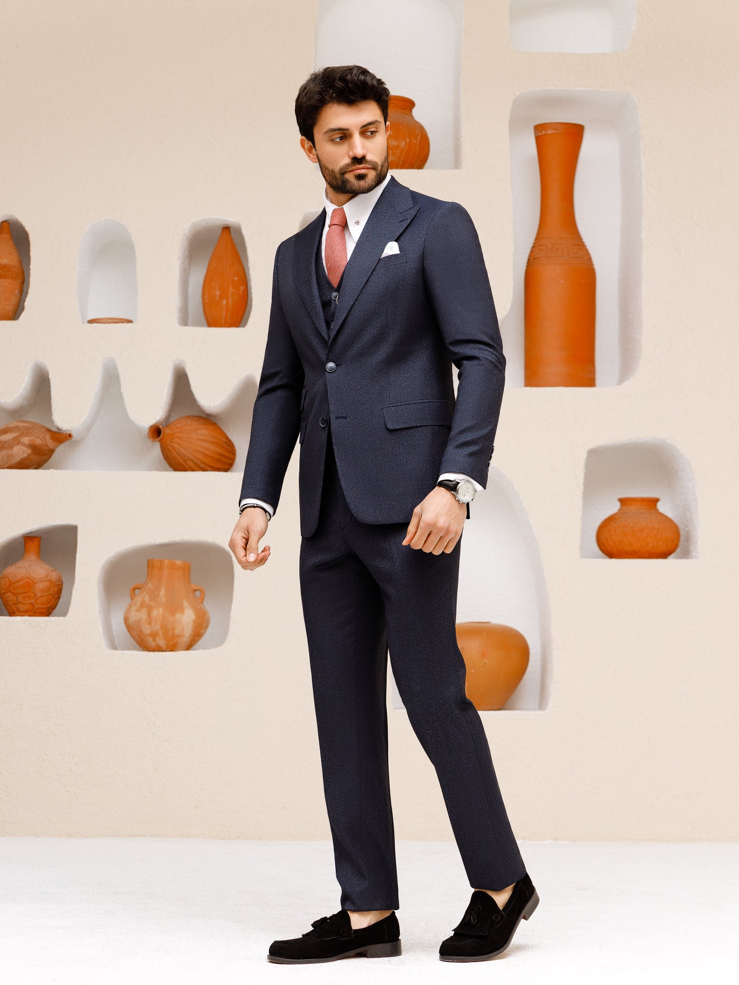 Navy Striped Slim-Fit Suit 3-Piece