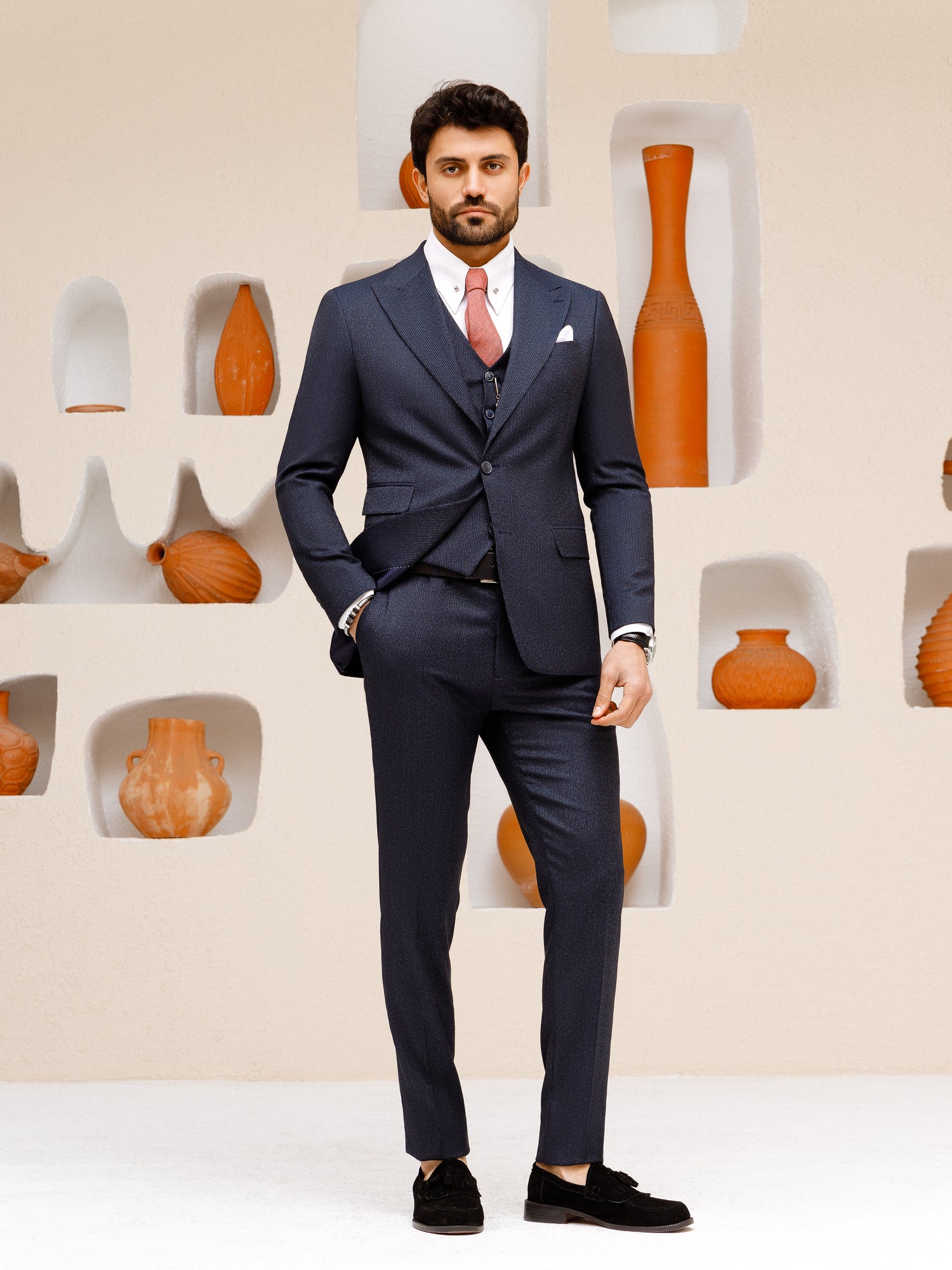 Navy Striped Slim-Fit Suit 3-Piece