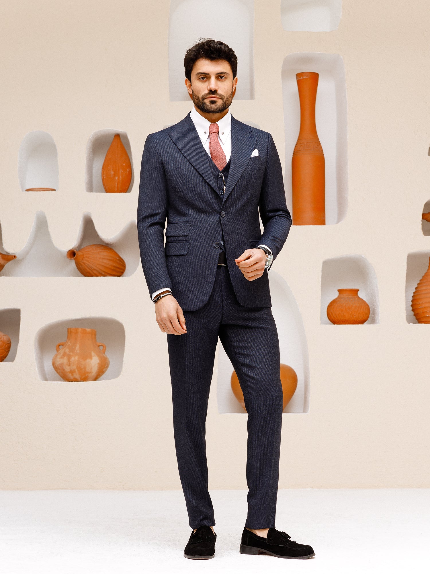 Navy Striped Slim-Fit Suit 3-Piece