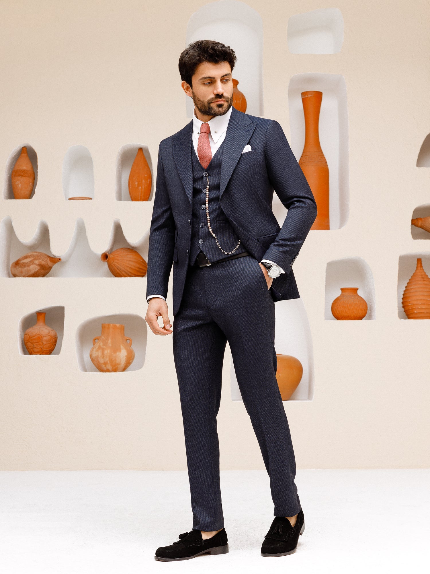Navy Striped Slim-Fit Suit 3-Piece