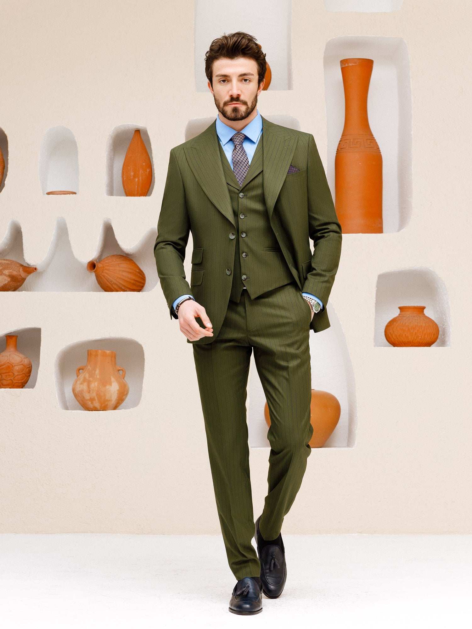 Khaki Striped Slim-Fit Suit 3-Piece