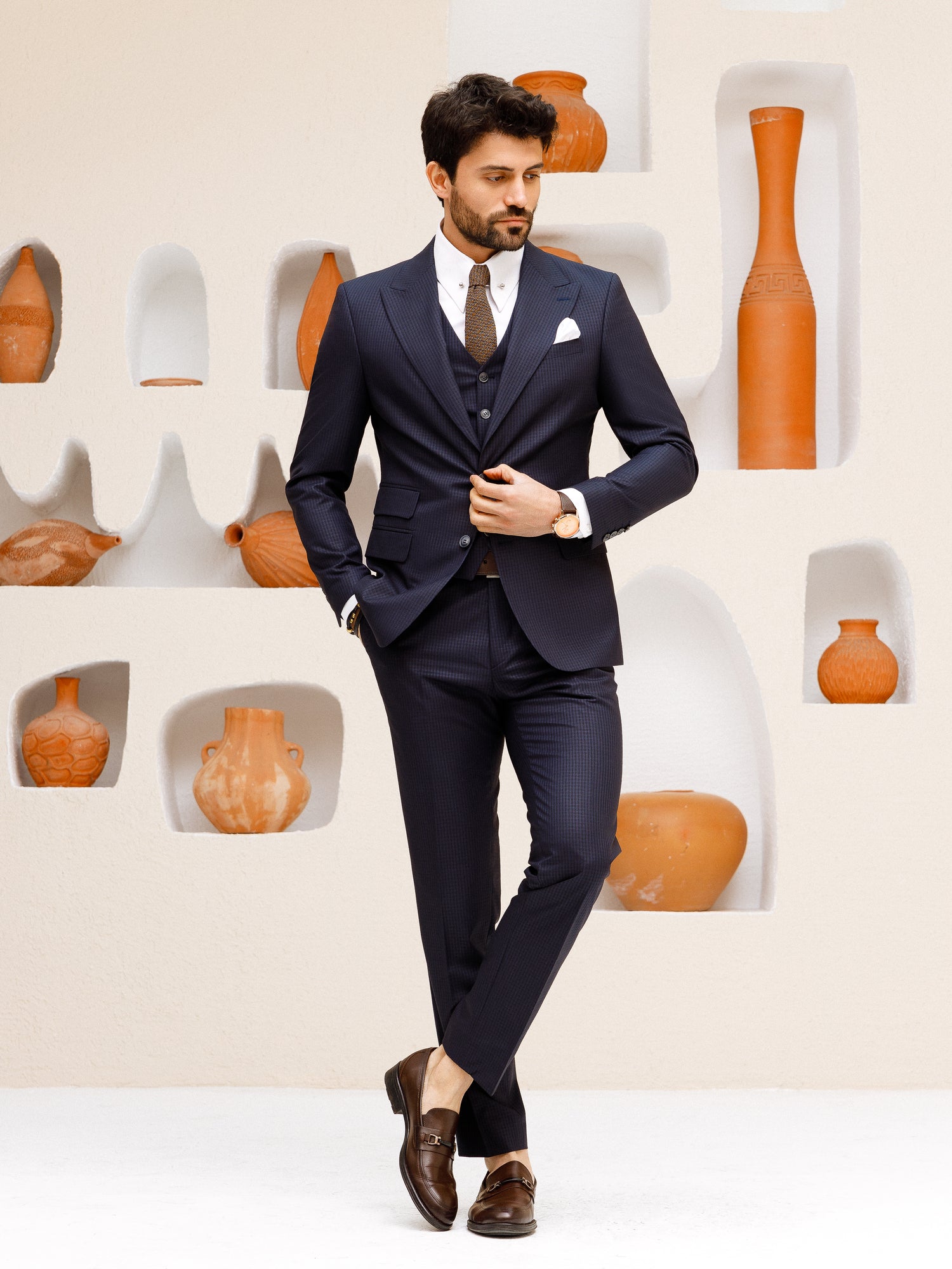 Navy Plaid Slim-Fit Suit 3-Piece