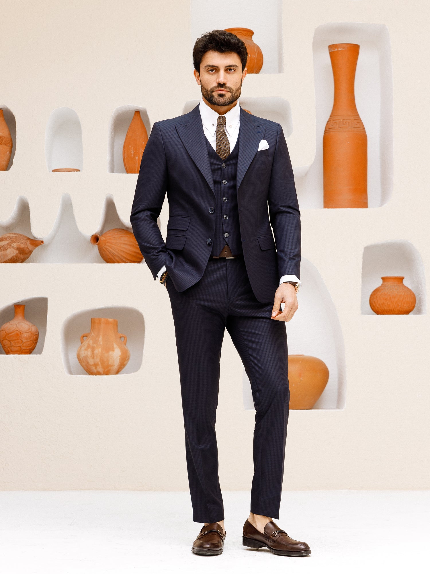 Navy Plaid Slim-Fit Suit 3-Piece