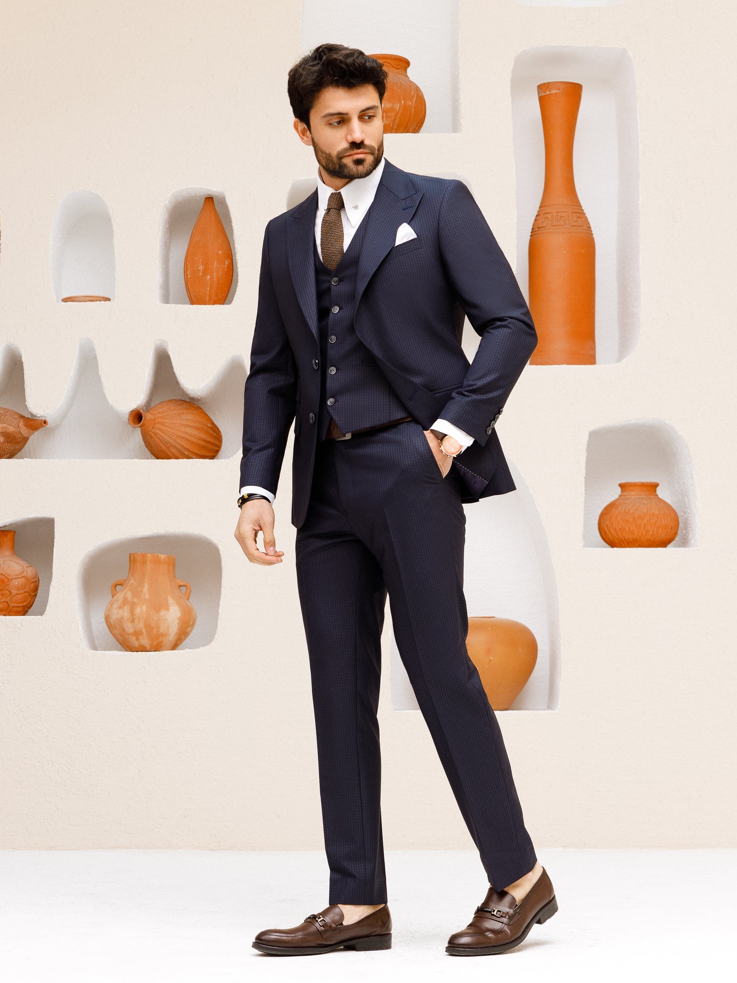 Navy Plaid Slim-Fit Suit 3-Piece