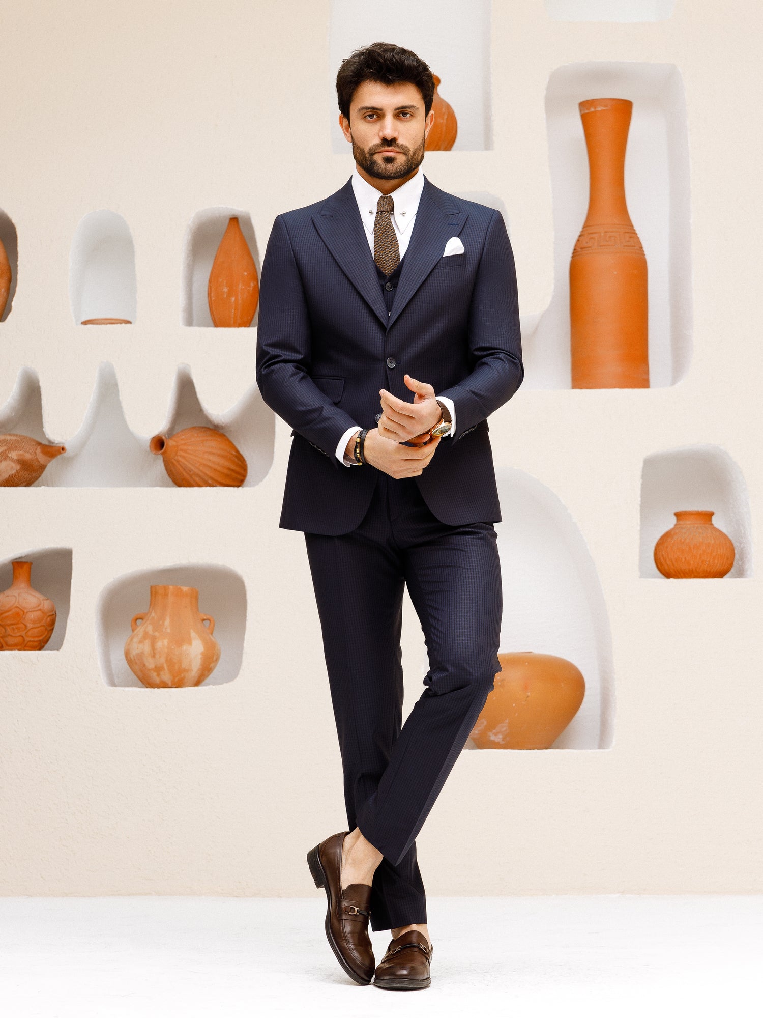 Navy Plaid Slim-Fit Suit 3-Piece